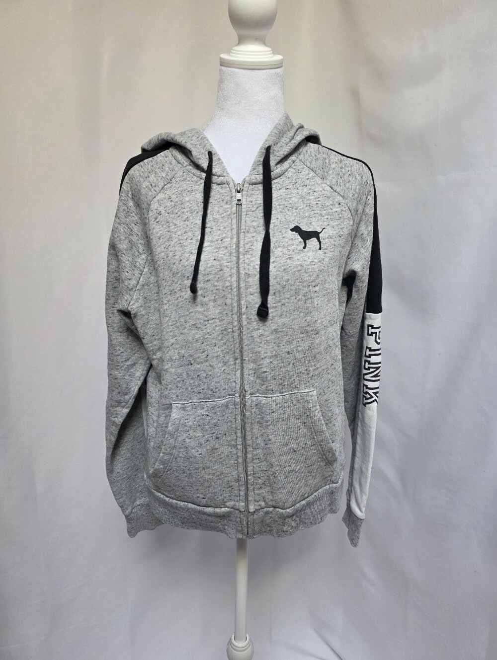 Victoria's Secret PINK Gray Zip Up Hoodie Dog Logo Black Sleeve Detail